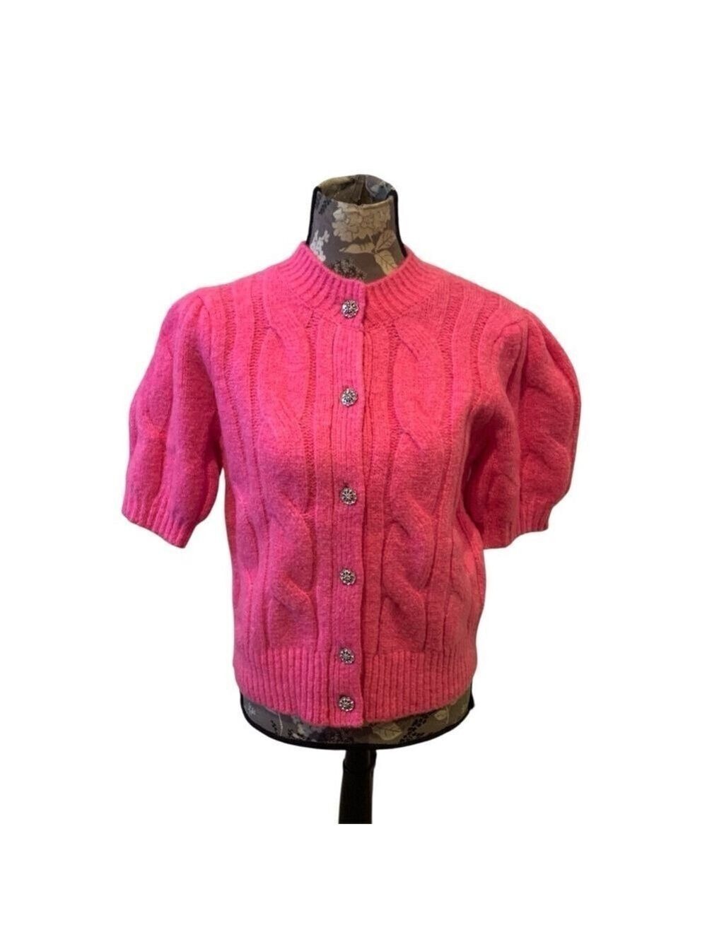 Pink Cable Knit Women's Puff Sleeve Sweater size small 4/6